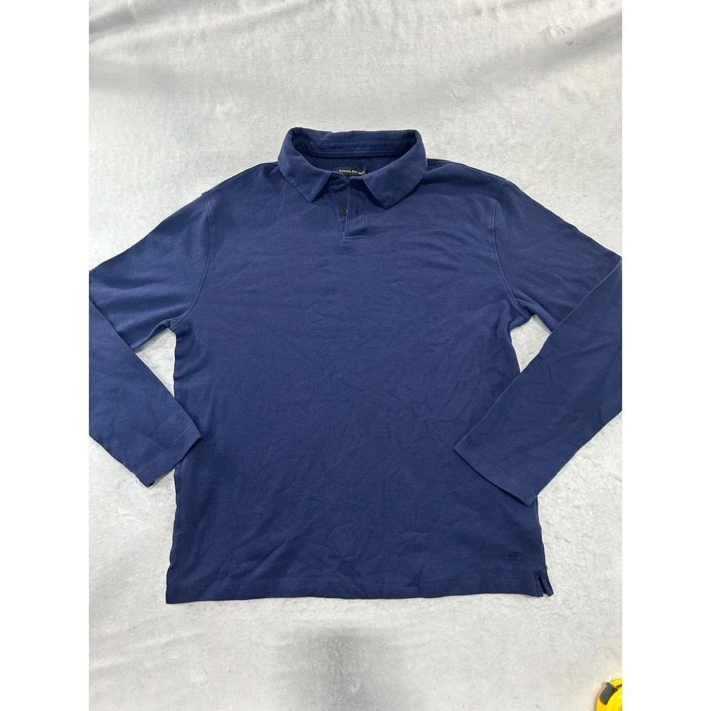 Banana Republic‎ Mens Large Navy Blue Long Sleeve Polo Shirt Solid Casual Cotton